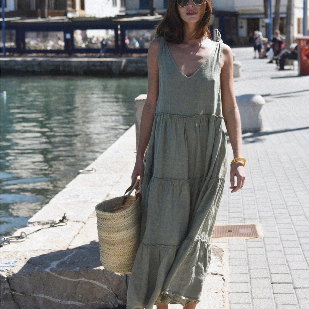 Beachwood Baby the Sevilla dress linen -Neck Tiered Maxi Dress in Sage Green